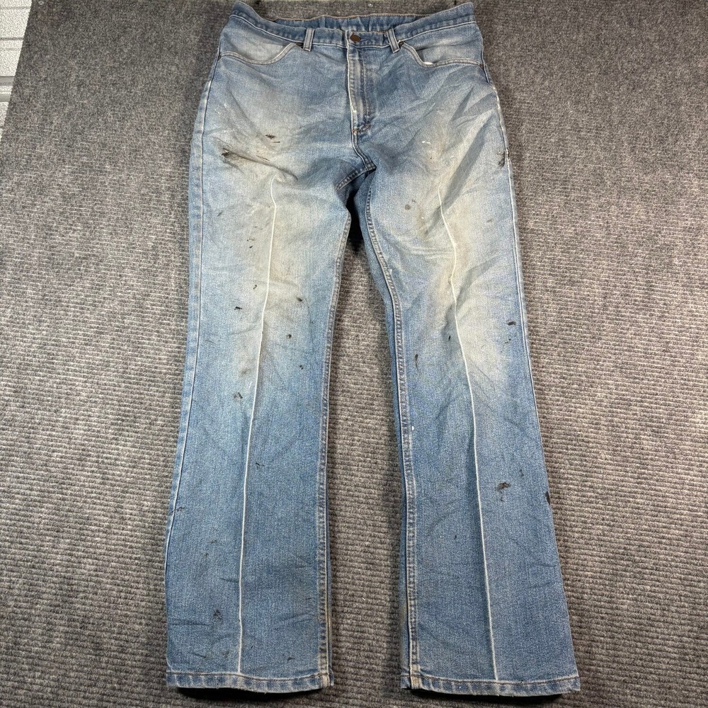 Vtg Rustler Jeans Mens 34x32 Blue Fair Distressed Paint Thrashed Creased 90s